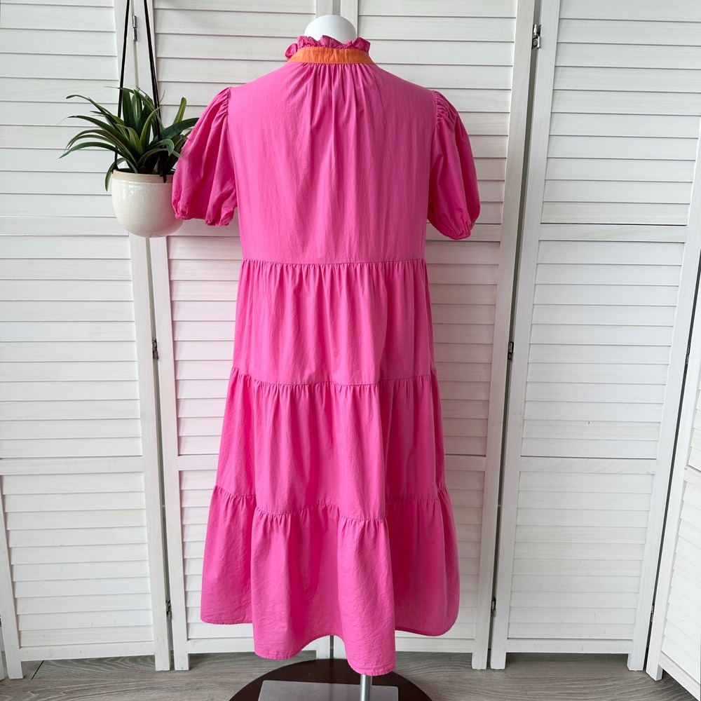 Avara Pink Tiered Everly Midi Dress Short Puff Sleeve Ruffle Cotton Size S - Picture 4 of 9